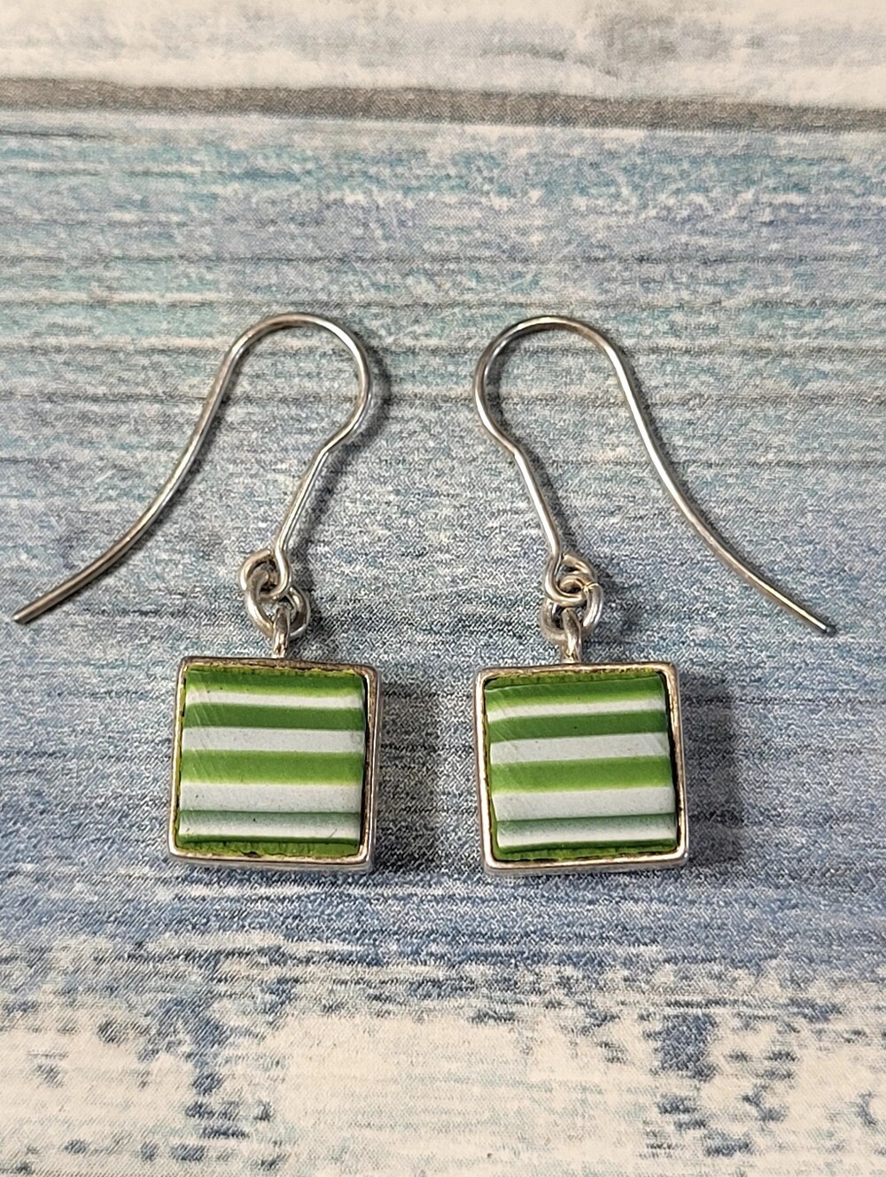 Imfino Green Striped Square Drop Earrings